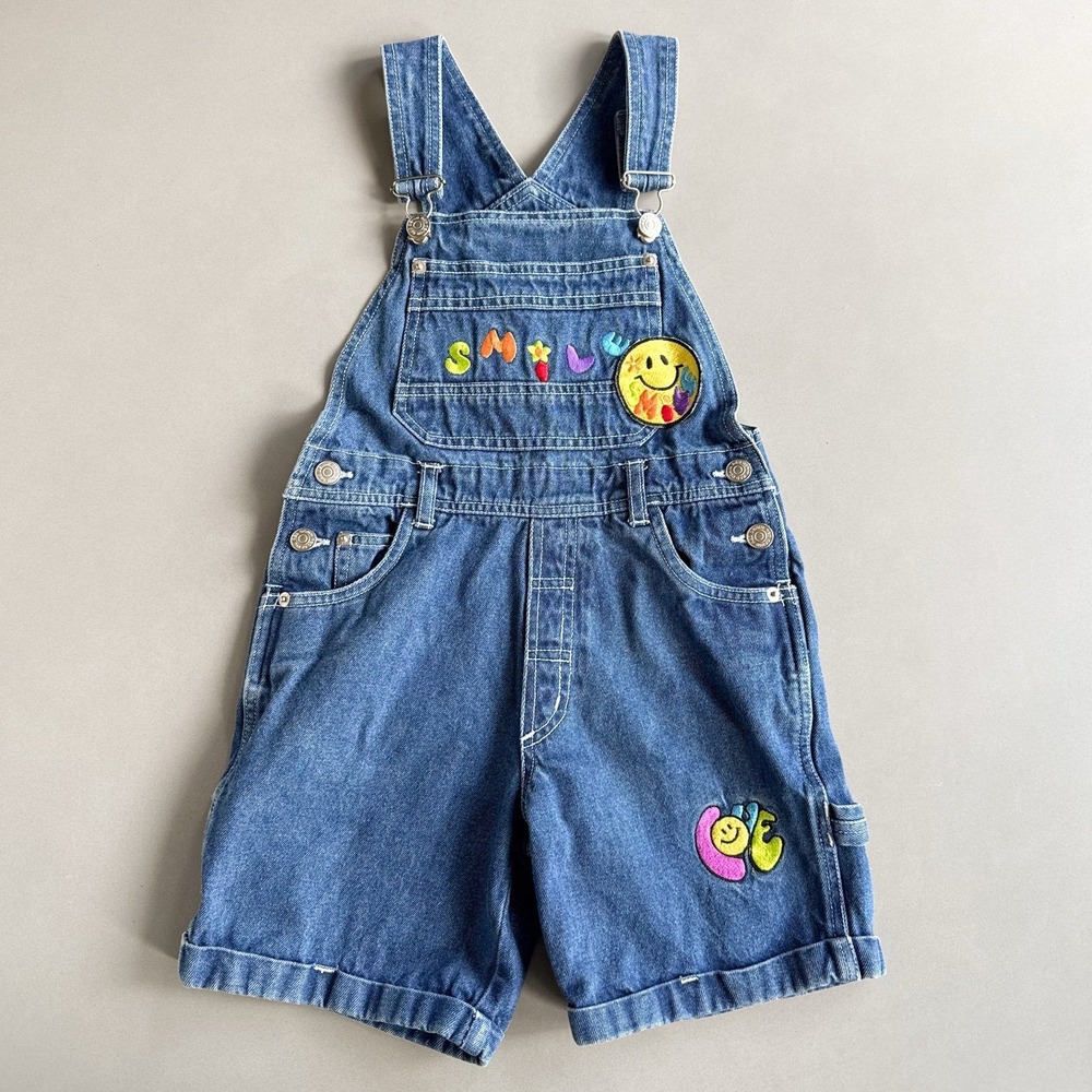 Vintage Y2K Kids Denim Rainbow Smile Embroidered Shortalls Girls 5/6?
